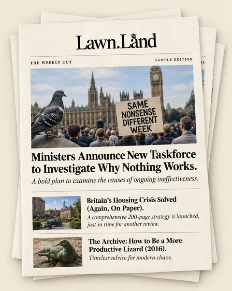 Illustrative Weekly Cut edition: a Westminster pigeon and the headline Ministers Announce New Taskforce to Investigate Why Nothing Works.