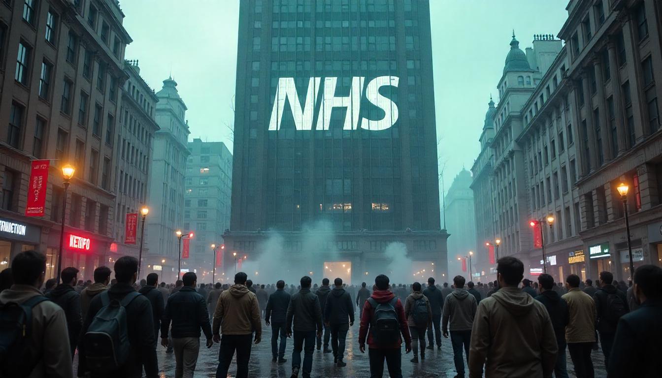 Satirical illustration for the article: Starmer Replaces NHS with ‘National Health Hunger Games’