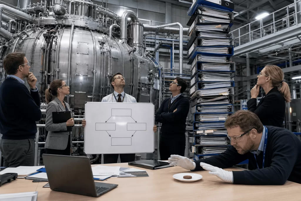 Fusion AI spinout engineers guard a towering stack of project binders beside a fusion reactor.