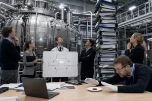 Fusion AI spinout engineers guard a towering stack of project binders beside a fusion reactor.