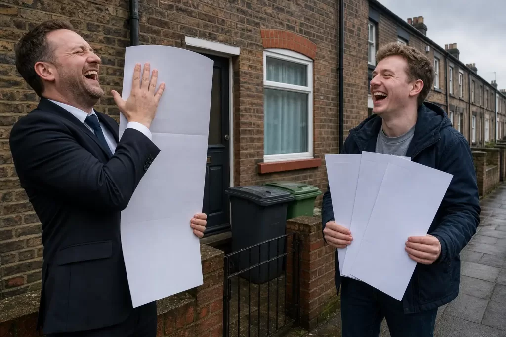 Satirical illustration of landlord registration with a laughing letting agent hiding a property form and oversized payslips