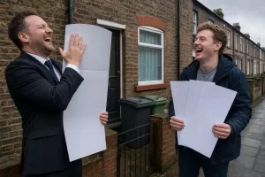 Satirical illustration of landlord registration with a laughing letting agent hiding a property form and oversized payslips
