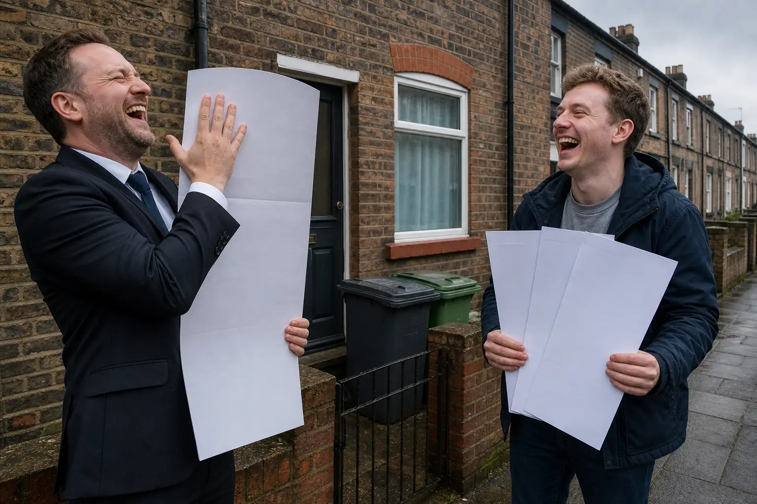 Satirical illustration of landlord registration with a laughing letting agent hiding a property form and oversized payslips