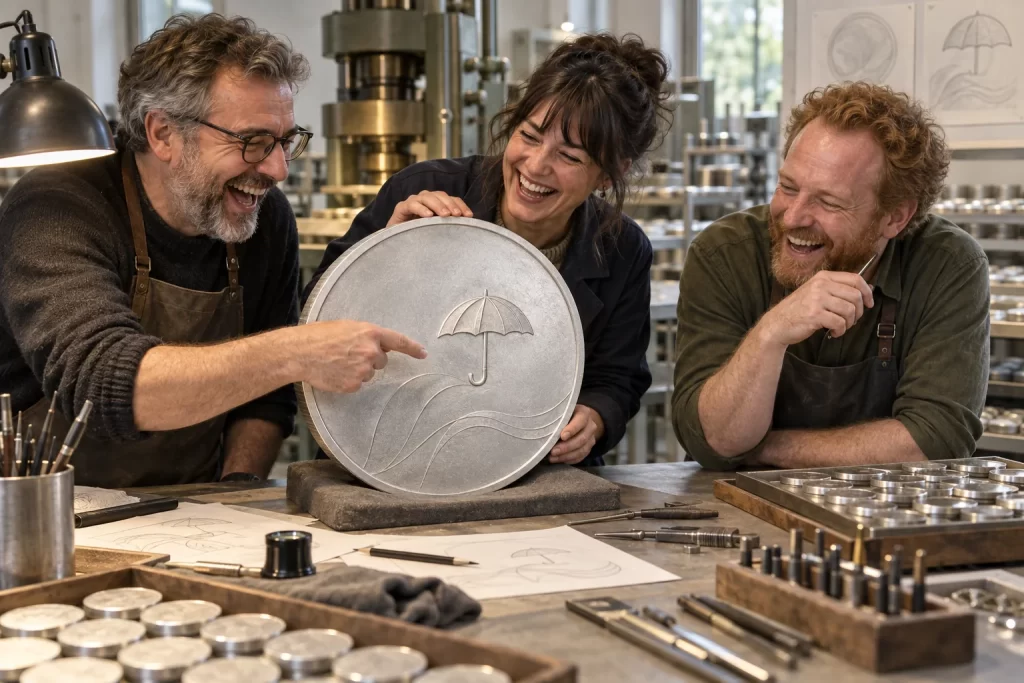 Three fictional coin designers laughing around an oversized umbrella coin relief in a mint workshop.