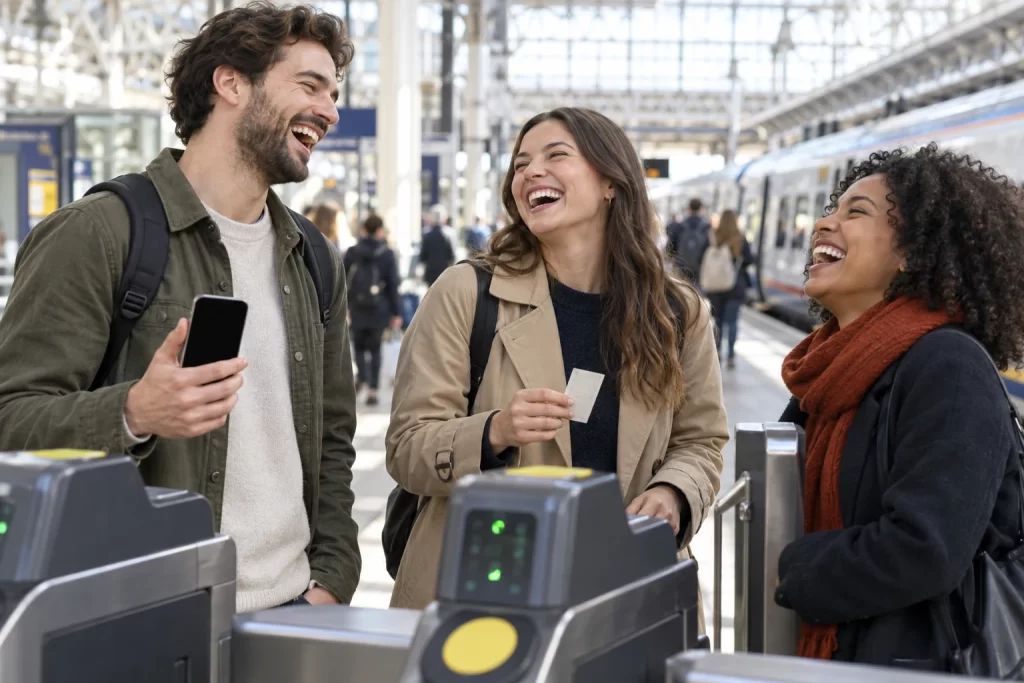 Three fictional adult rail passengers laughing beside a ticket barrier with a blank phone and a paper ticket.