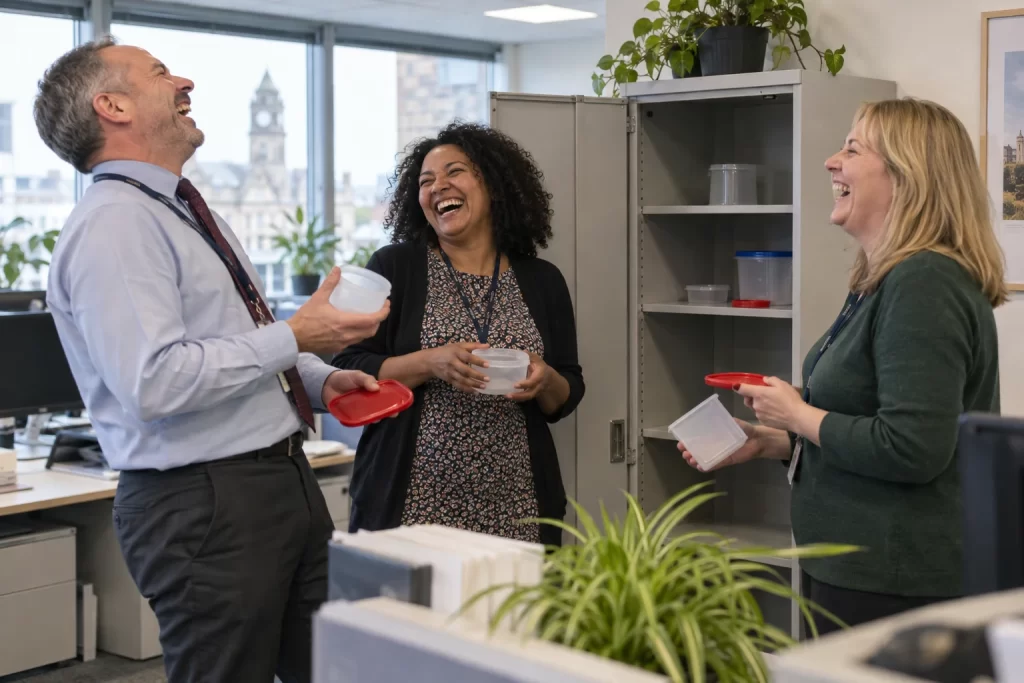Three fictional adult council finance officers laughing beside an open cupboard with containers and lids.
