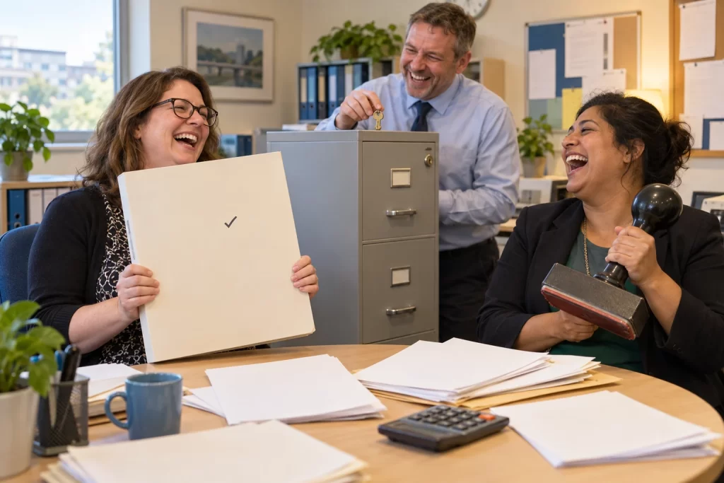 Three fictional adult NHS administrators laugh around a table as one holds a blank approval folder beside a tiny key and locked filing cabinet.