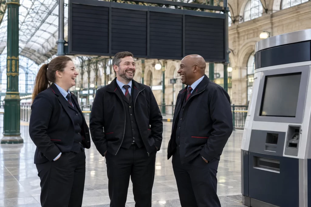 Three fictional adult rail station managers clearly laugh beside blank departure boards and a ticket machine.