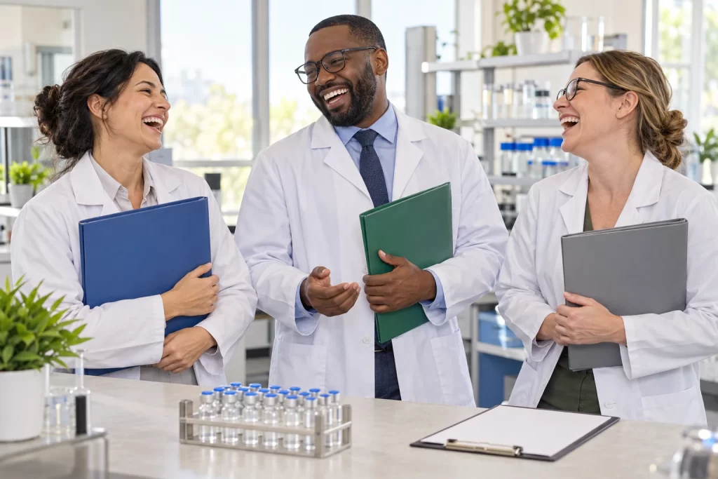 Three fictional adult veterinary regulatory coordinators clearly laugh while holding blank cooperation folders beside a generic unlabelled vial rack.