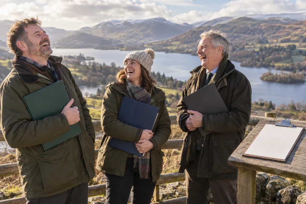 Three fictional adult National Park board administrators clearly laugh while holding blank appointment folders at a scenic overlook.