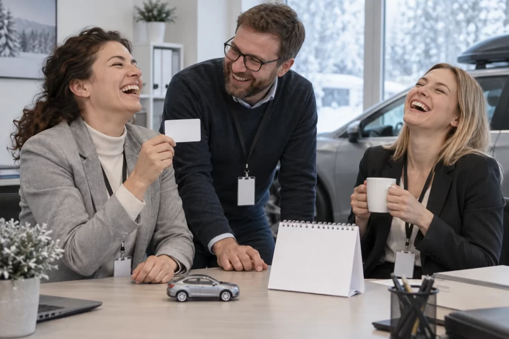 Three fictional adult vehicle service administrators clearly laughing beside a blank card and toy car during DVLA holiday opening hours planning.
