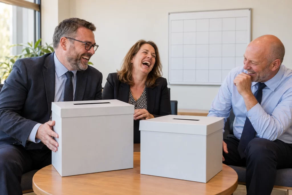 Three fictional adult council administrators laughing around two blank ballot boxes and a blank calendar.