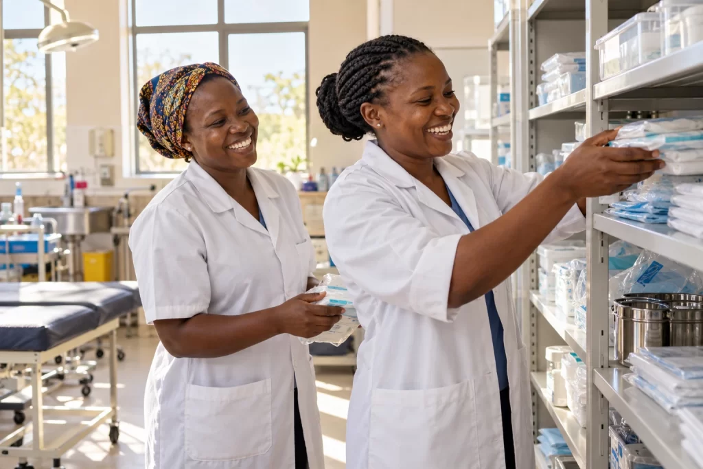 Two African healthcare colleagues laugh as they organise supplies in a sunlit community clinic.