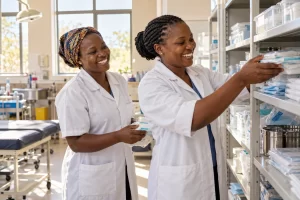 Two African healthcare colleagues laugh as they organise supplies in a sunlit community clinic.