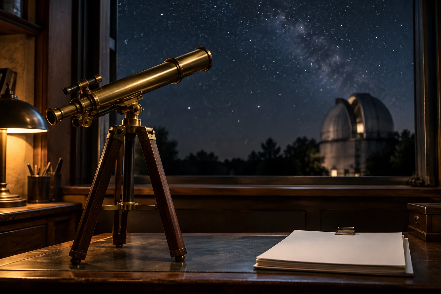 A brass telescope stands beside a clipped stack of blank papers beneath a clear star filled night sky.