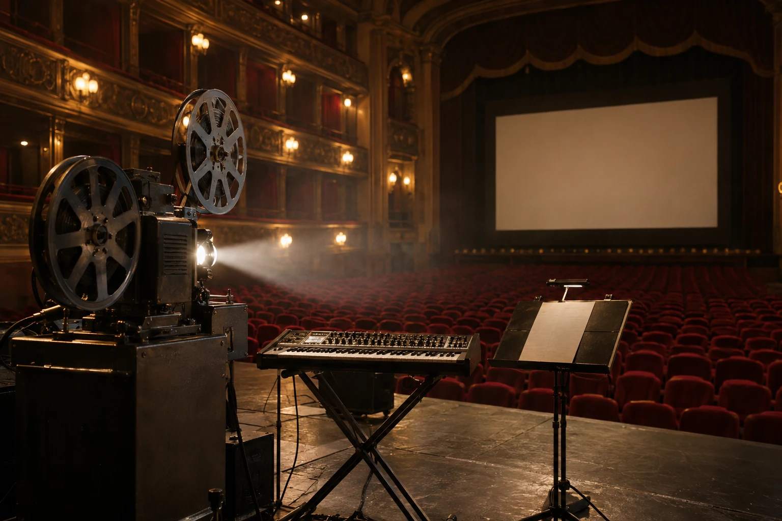 A vintage film projector, compact synthesizer and music stand wait on an empty historic cinema stage.