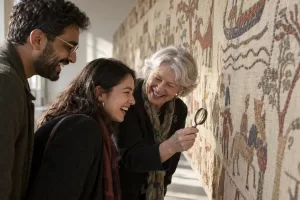 Original editorial photograph of three laughing museum visitors examining a medieval-style textile with a plain magnifying glass in a sunny gallery, with no logos or text