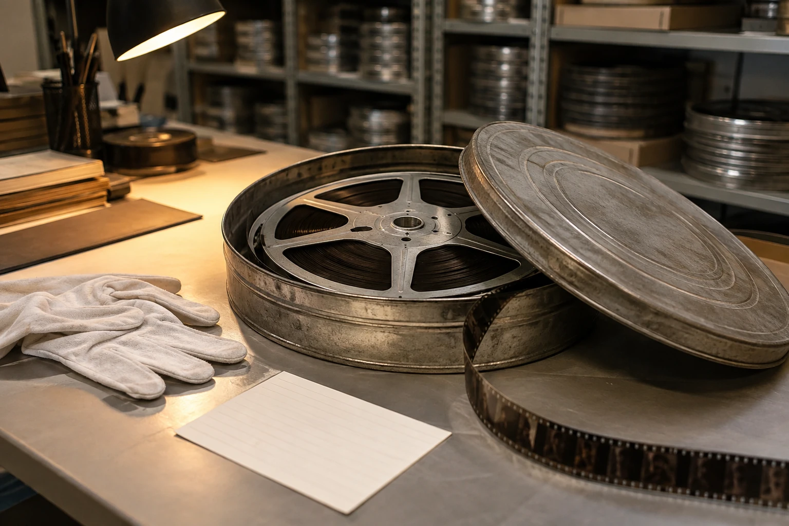 An open unmarked metal film can reveals a vintage reel on an archive workbench beside gloves and a blank index card.