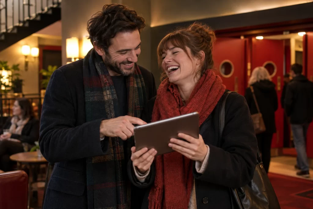 Two cinema goers laugh together while choosing a film on a tablet in a warm theatre foyer.