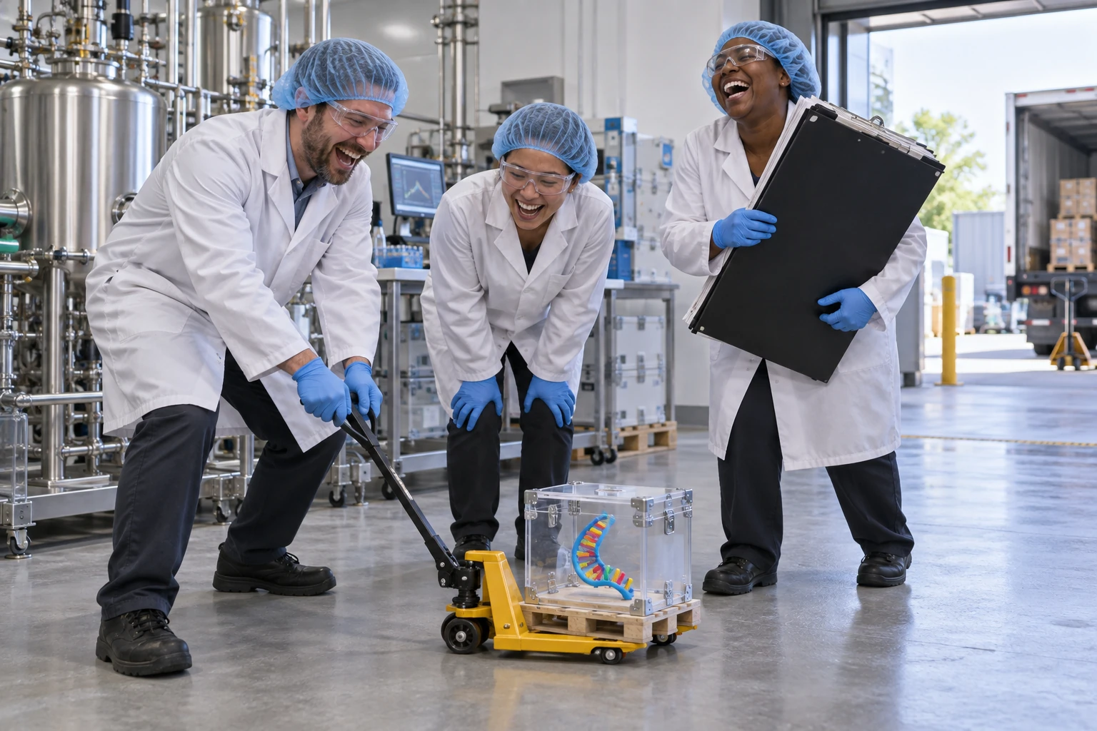 Three laughing laboratory technicians guide a miniature pallet truck carrying a colourful molecular model in a clear case.