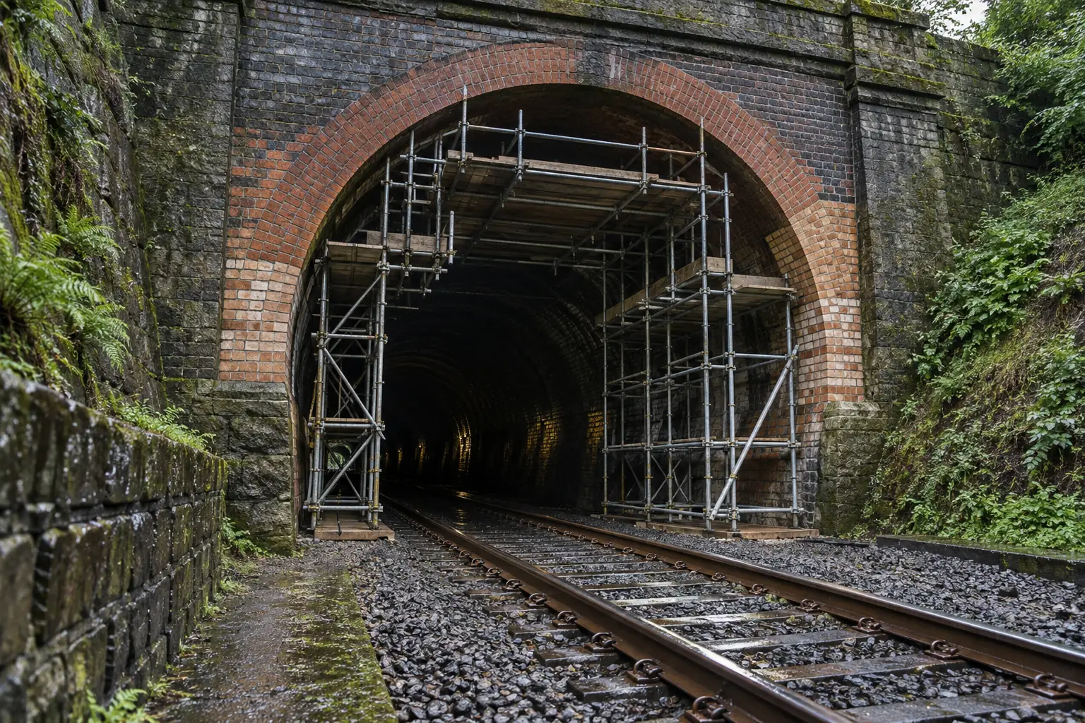 Scaffolding supports the arched entrance of a Victorian brick railway tunnel under restoration.