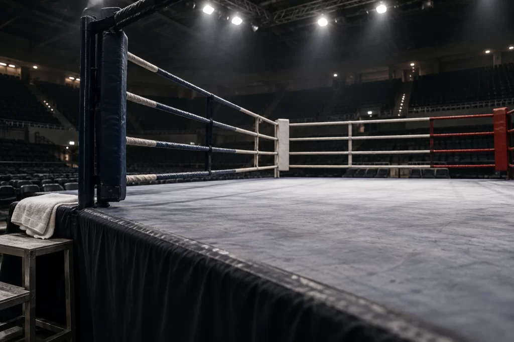 An empty boxing ring with a folded white towel rests beneath arena lights after a hard fought contest.