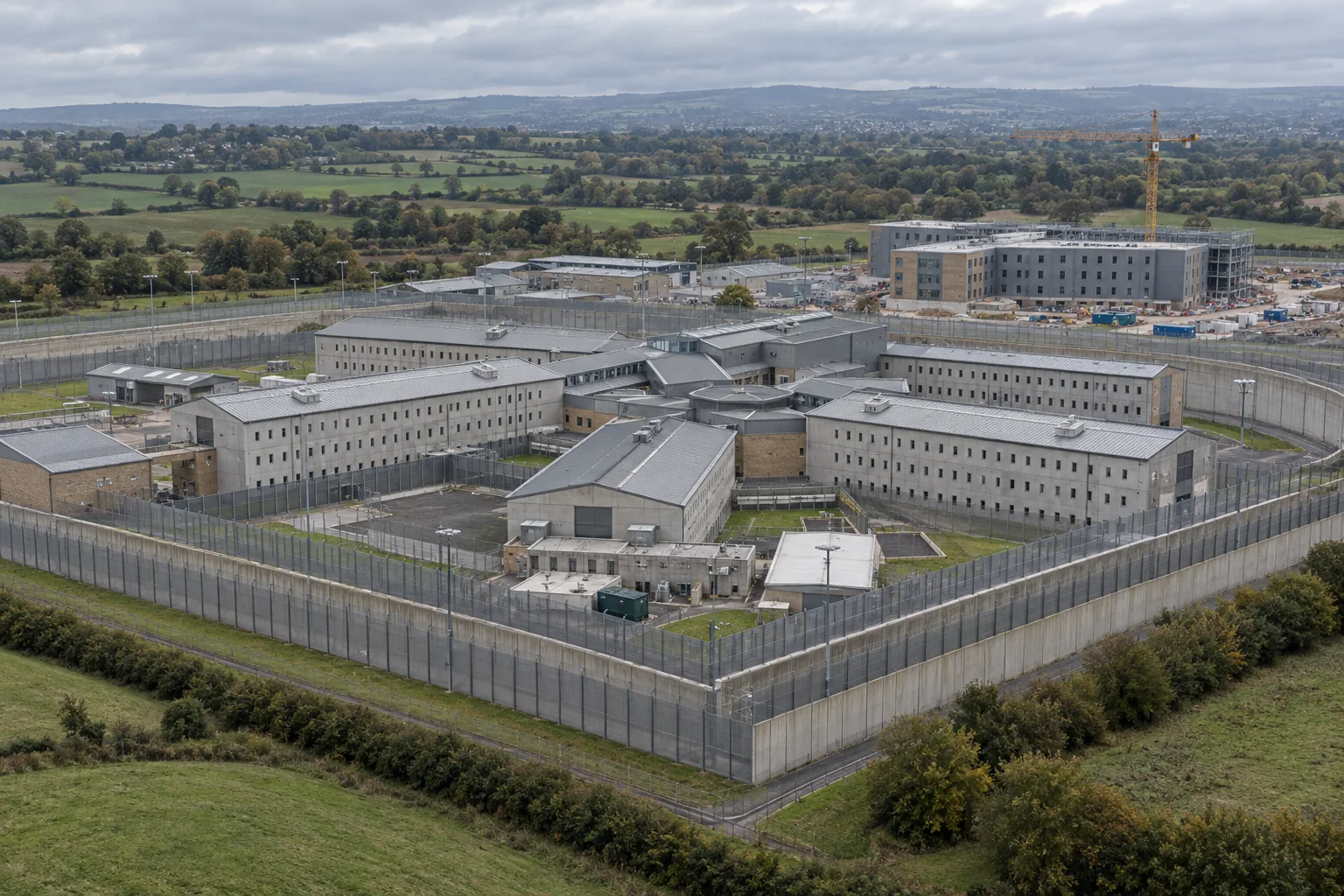 An aerial view of a modern prison complex with a new construction extension beyond its perimeter fences.