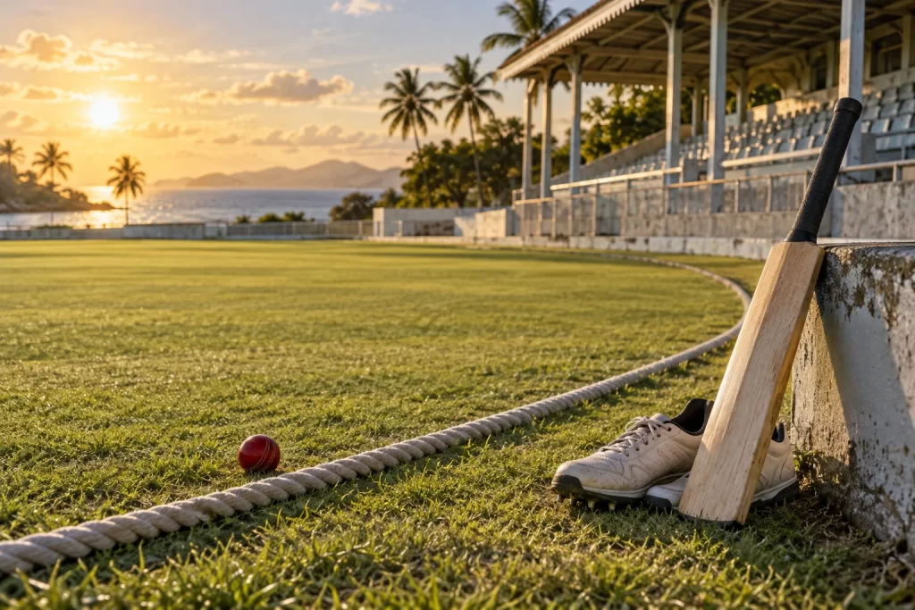 A cricket bat and boots rest beside a red ball just beyond the boundary rope of an empty Caribbean cricket ground.