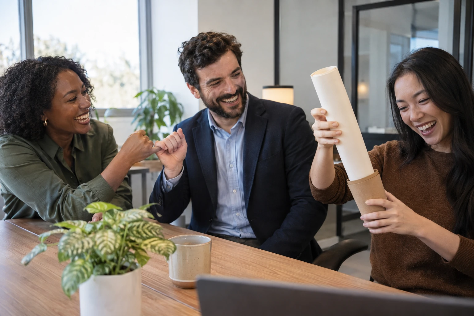 Three laughing office workers make a pinky promise while one pulls a blank parchment from a plain coffee sleeve.