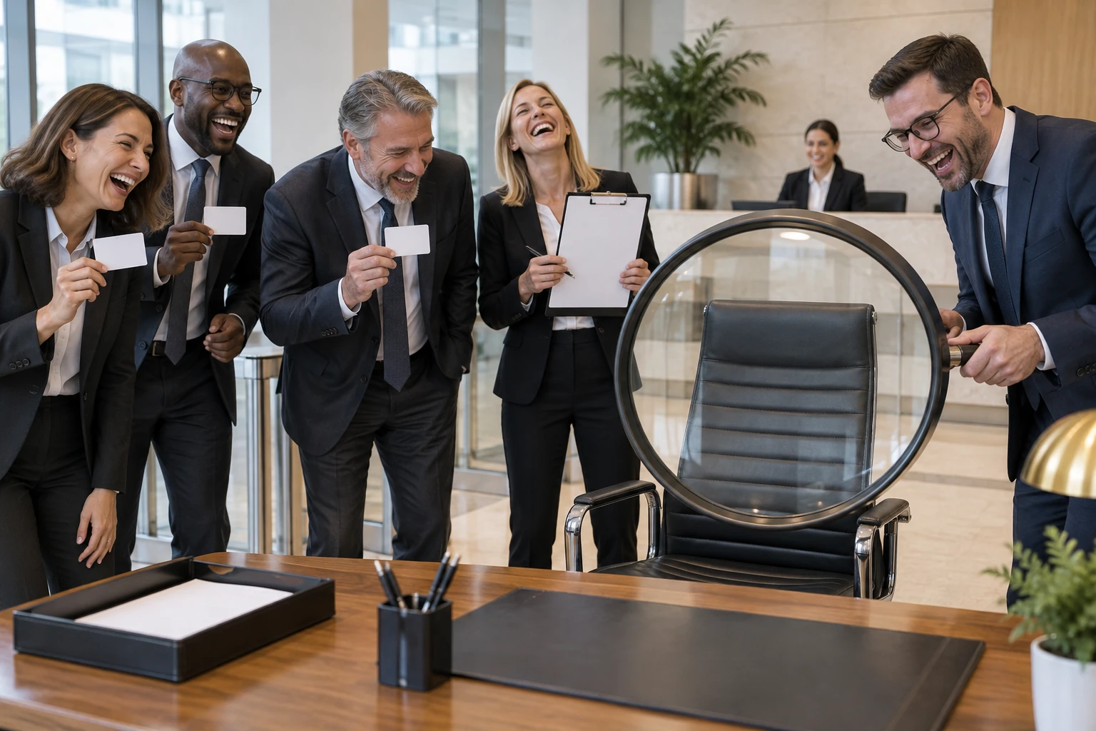 Fictional business leaders laugh beside blank identity cards and an empty executive chair under a magnifying glass.