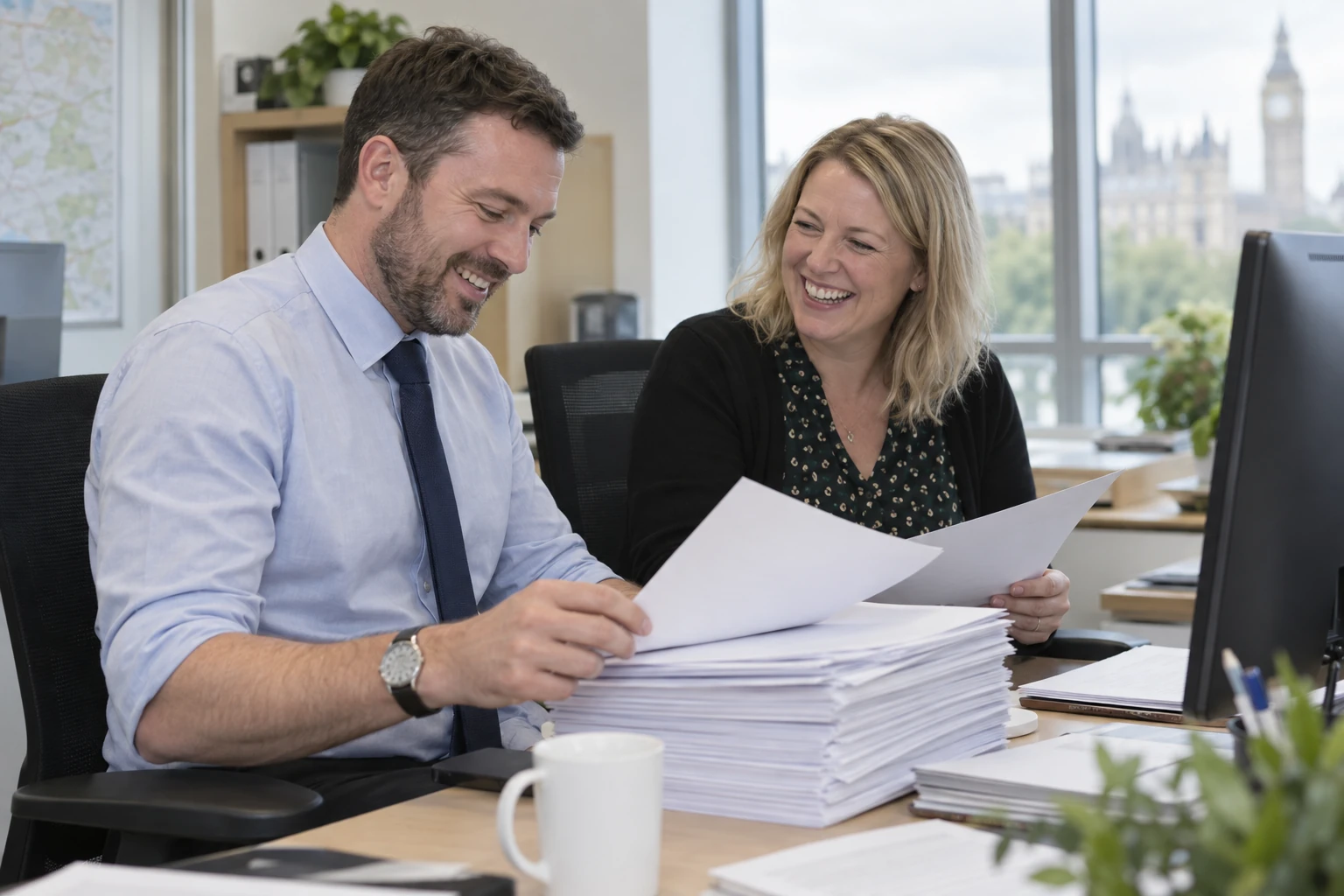 Two public sector analysts laugh together while reviewing a large stack of consultation responses in an office.