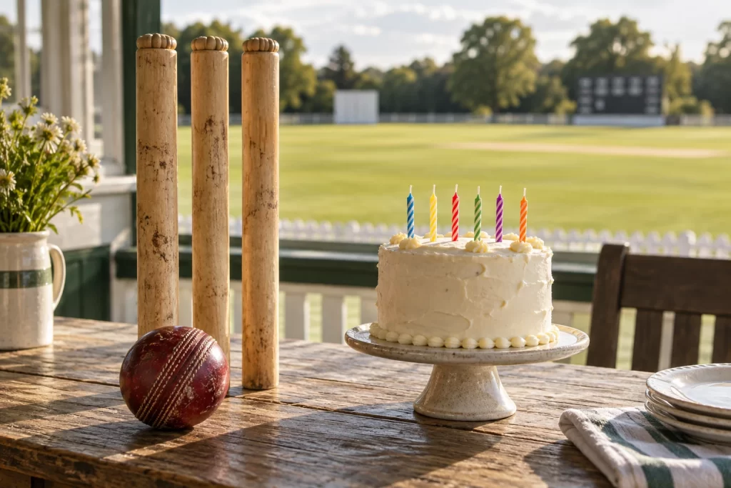 Three cricket stumps and a worn red ball stand beside a small cake with six unlit candles on a pavilion table.
