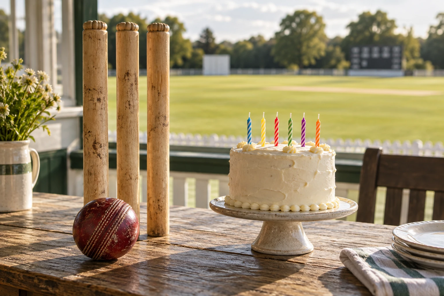 Three cricket stumps and a worn red ball stand beside a small cake with six unlit candles on a pavilion table.