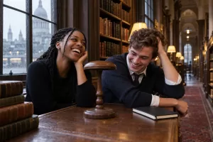 Original editorial photograph of two laughing aspiring barristers beside a plain empty wig stand and blank notebook in a rainy London legal-library corridor, with no logos or readable text