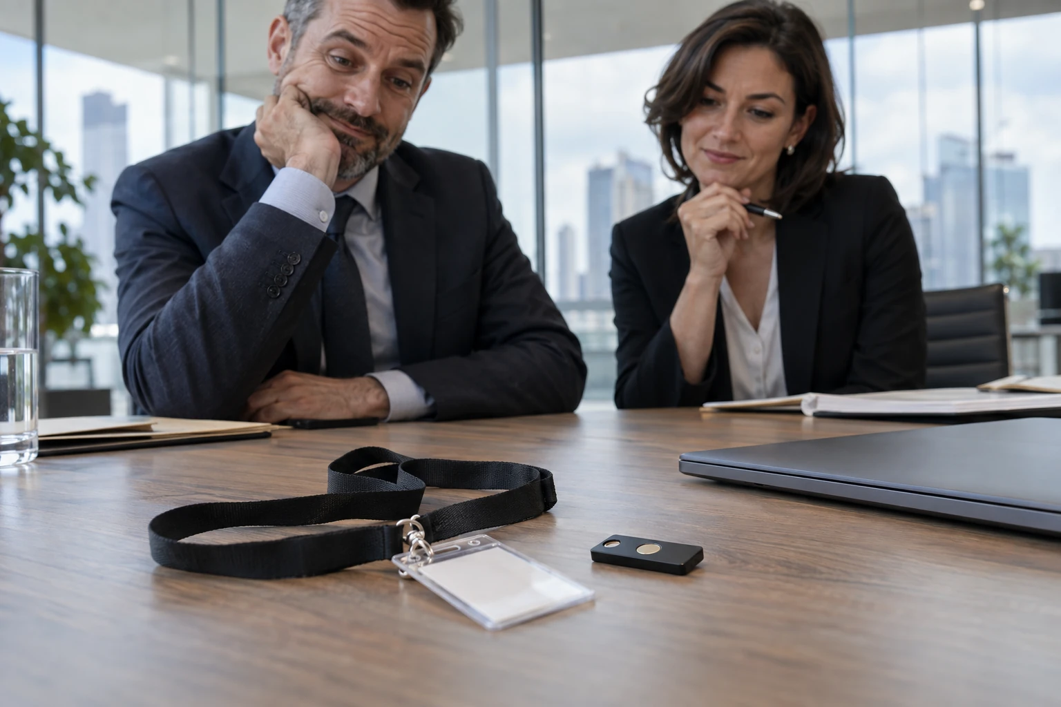 Two compliance professionals considering a plain visitor lanyard and a hardware security token