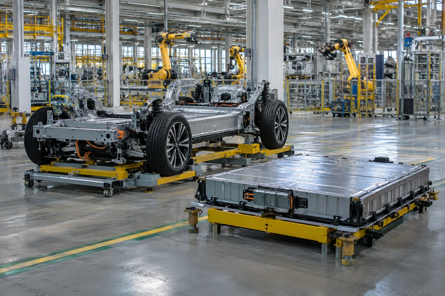 An unbranded electric vehicle chassis and a battery pack sit on platforms in a bright modern assembly hall.