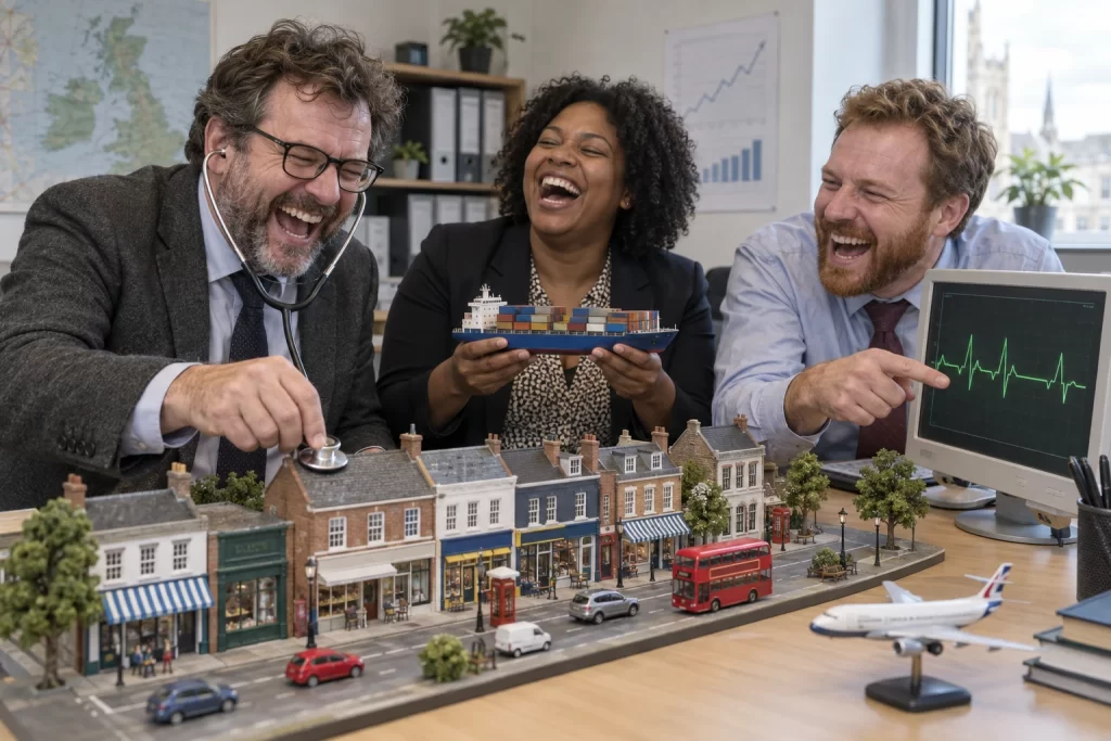 Three fictional statisticians laugh while using a stethoscope on a model high street beside a cargo ship model and a monitor showing a heartbeat line.