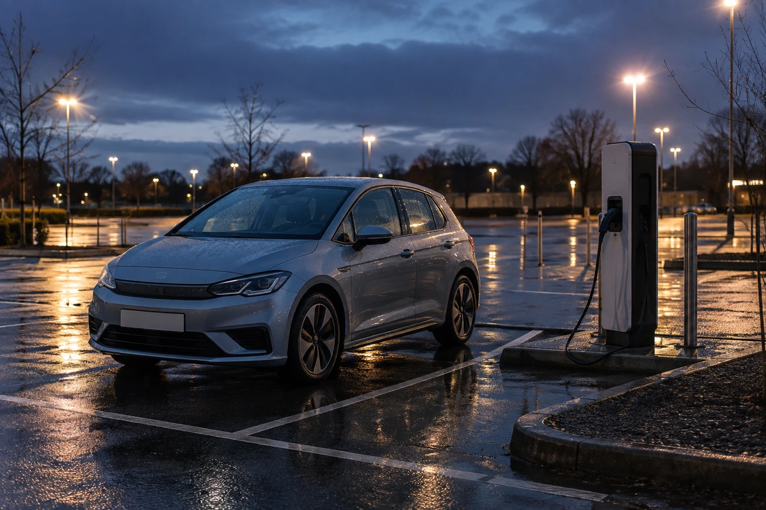 An unbranded electric hatchback sits beside a public charging pedestal in a wet, empty car park at dusk.