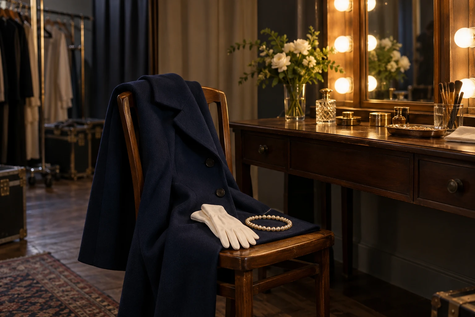 A deep blue tailored coat, white gloves and a pearl necklace rest on a chair in an empty theatre dressing room.