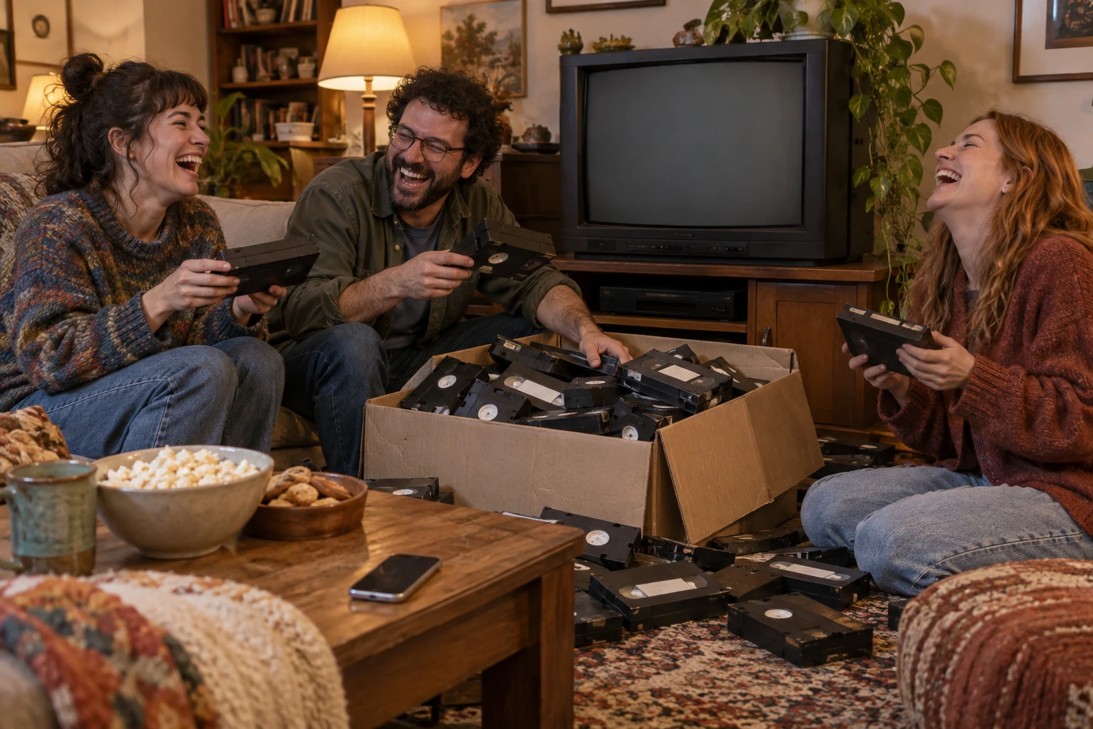 Three fictional adults laugh while choosing tapes from a huge box of unlabelled home videos beside a blank television screen.