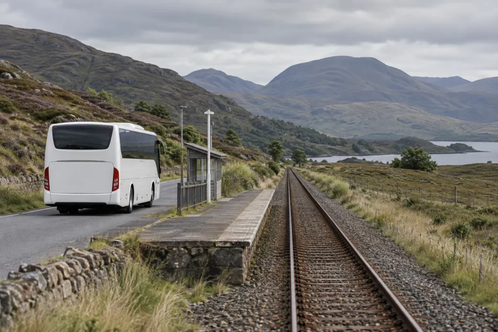 An unbranded replacement coach waits beside an empty Highland rail halt as tracks lead toward distant hills.