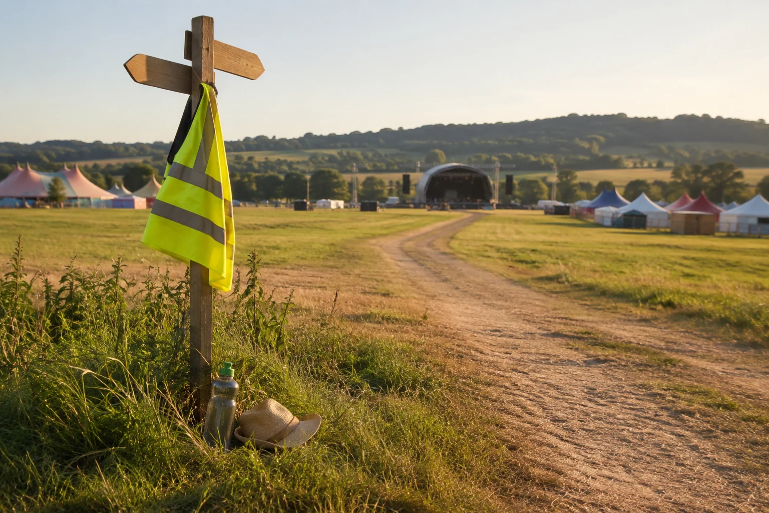 A steward vest hangs from an unmarked wayfinding post beside an empty summer festival path.