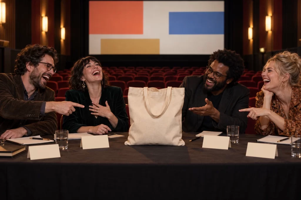 Four fictional adult film jurors laugh around a screening room table while a plain canvas tote bag occupies the central seat.