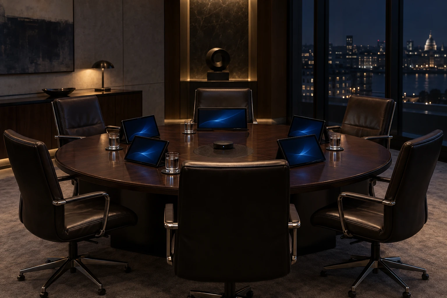 A secure conference room with empty chairs, water glasses and remote call screens prepared for a diplomatic meeting.