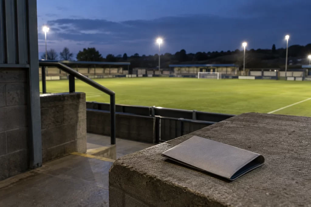 A plain empty ticket wallet rests on a concrete ledge overlooking a floodlit football pitch at dusk.