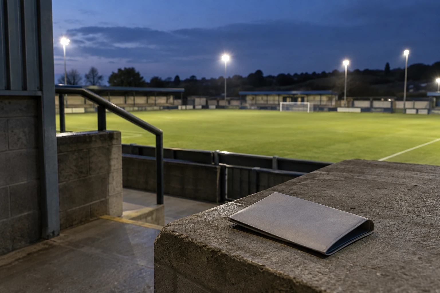A plain empty ticket wallet rests on a concrete ledge overlooking a floodlit football pitch at dusk.
