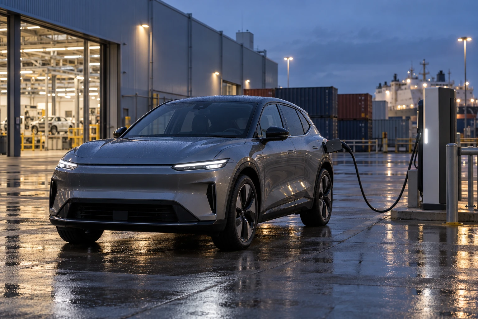 An unbranded electric vehicle charges beside a factory and shipping containers on wet evening pavement.