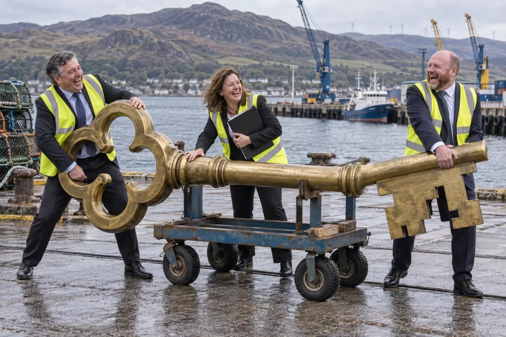 Three laughing officials in safety vests balance an enormous brass key on a trolley at a Highland harbour.