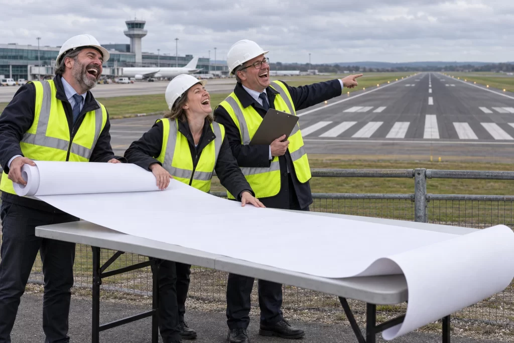 Three laughing airport planners unroll a long blank plan beside a runway while one points at the existing tarmac.