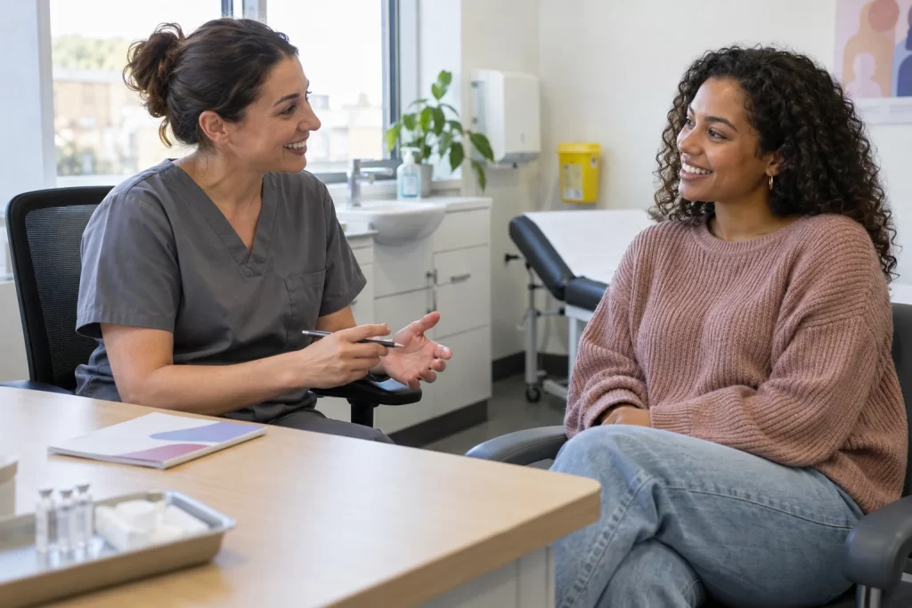 A smiling healthcare professional talks with a smiling adult patient in a bright clinic consultation room.